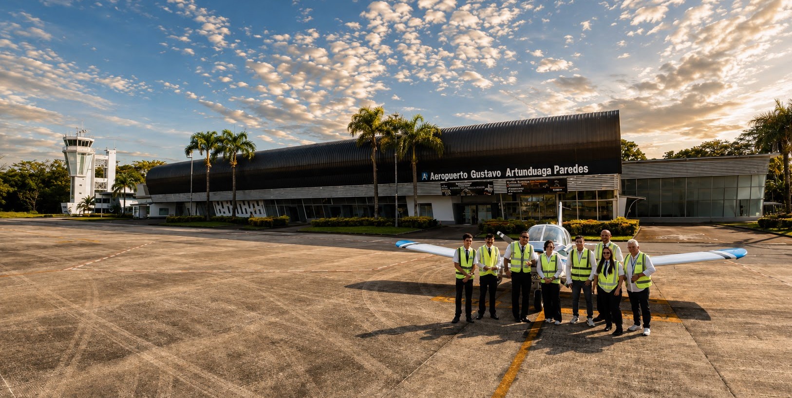 Equipo de Horizonte junto a una aeronave frente al Aeropuerto Gustavo Artunduaga Paredes, con la torre de control y la terminal al fondo