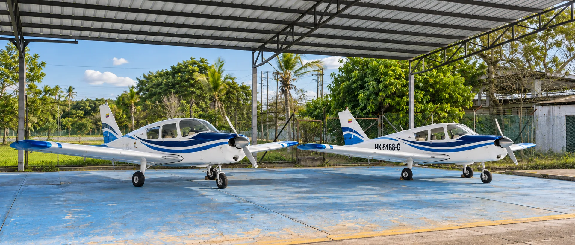 Dos aeronaves Piper de Academia de Vuelo Horizonte en el hangar de Florencia, Caquetá