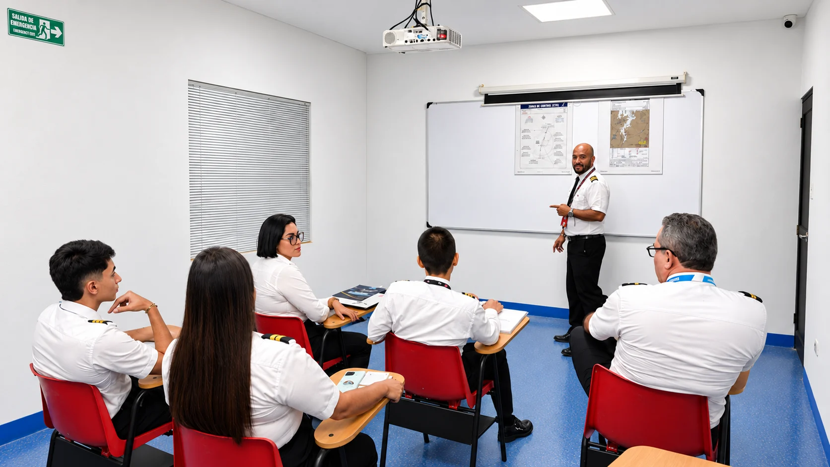 Vista completa del aula de Horizonte con estudiantes, instructor, tablero y proyector