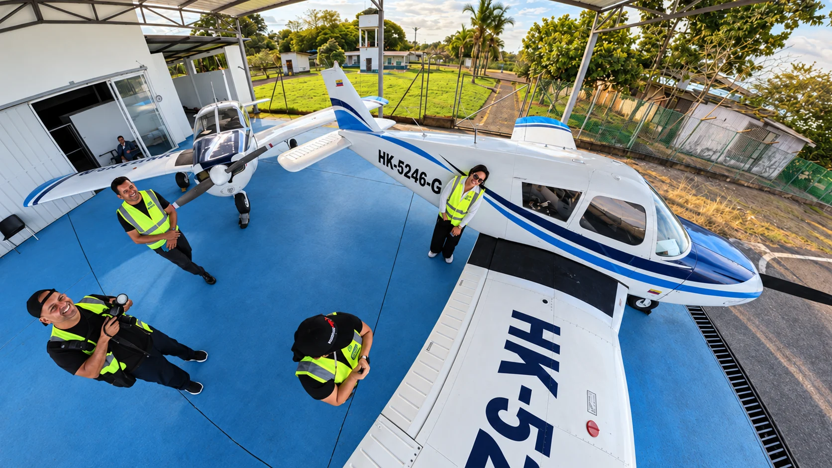 Vista elevada del hangar de Horizonte, con estudiantes junto a las dos aeronaves